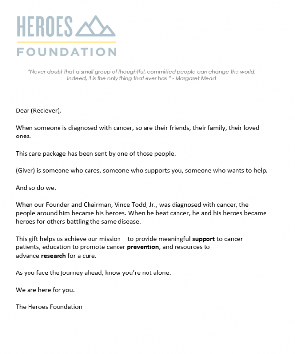 Heroes Foundation Care Package Letter